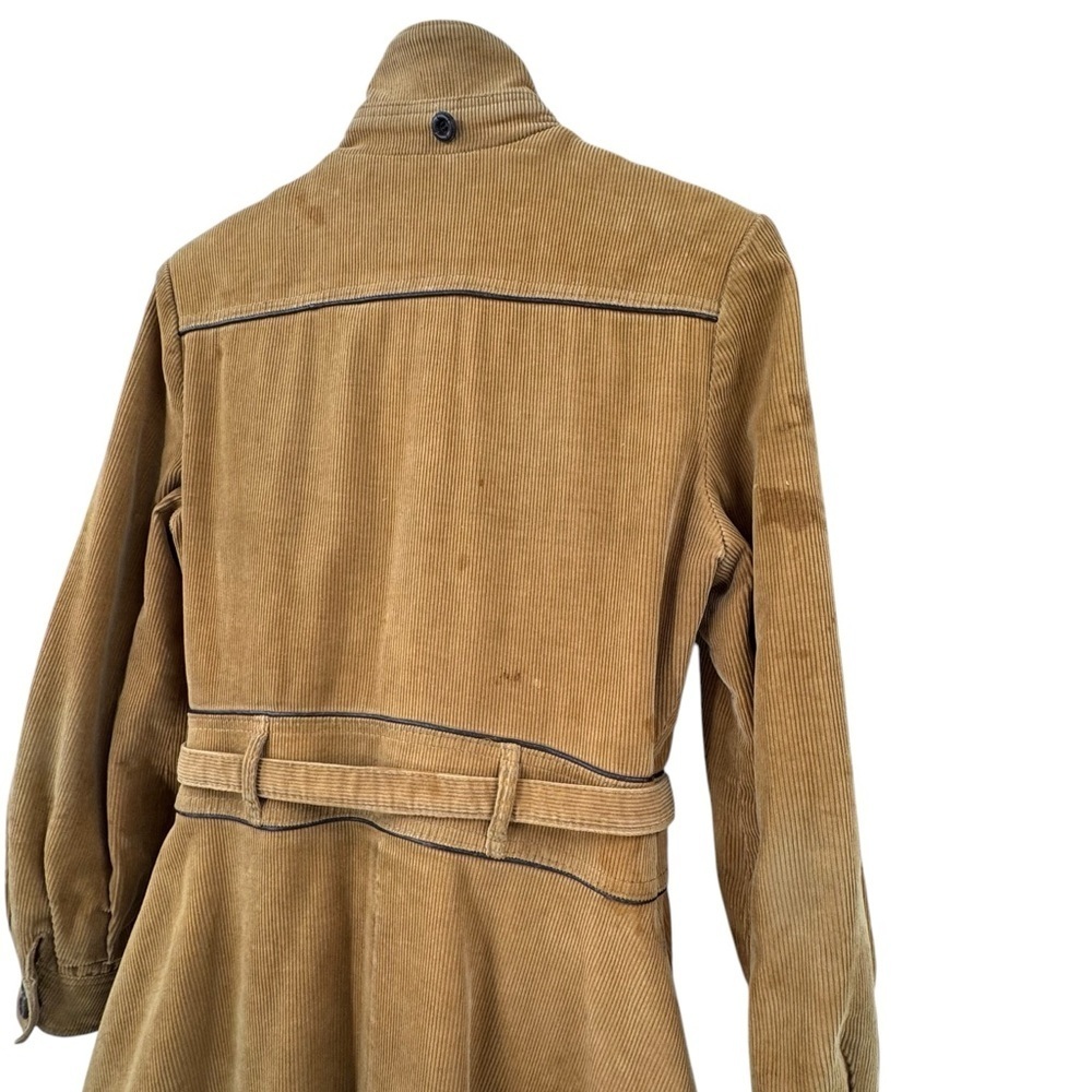 Vintage 70s Women's Trench Coat Corduroy Leather Trim Belted Brown Swing Skirt M - Picture 9 of 15